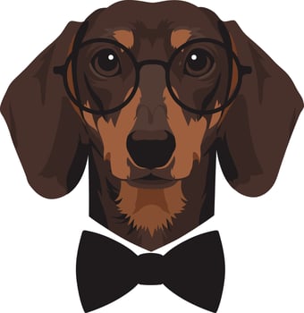 Dachshund dog wearing glasses and black bow tie illustration portrait style vector
