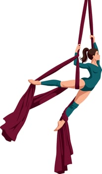 Aerial silk acrobat performing elegant pose with burgundy fabric in dynamic aerial dance vector
