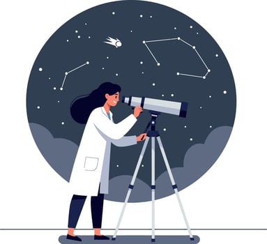 Female astronomer using telescope to observe stars and constellations at night illustration vector
