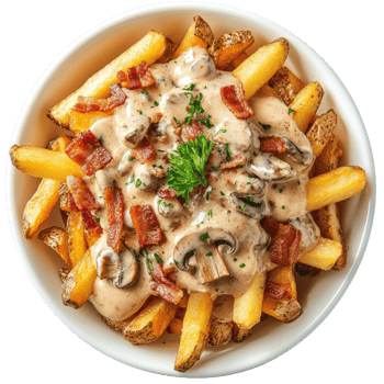 Fries with mushroom sauce on transparent Background png