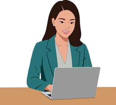 Young woman working on laptop wearing teal blazer at office desk digital illustration vector