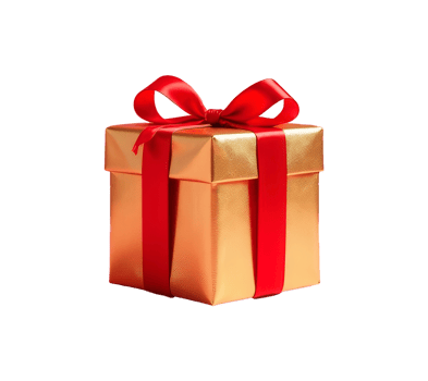 Isolated Golden gift box with red ribbon bow on transparent background, rich style, wrapped presents for your festive design, banner or poster, empty blank copy space for text png