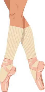 Ballet dancer legs in pink pointe shoes and beige leg warmers illustration vector