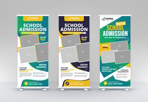 Back to School Admission standee rollup 3 design modern education Business signage pullup higher study Eye Catching vertical x banner set vector