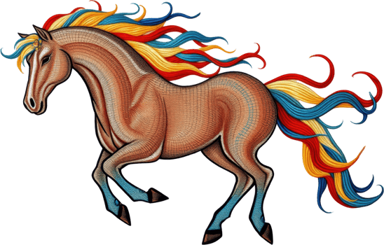 beautiful horse with vibrant mane featuring shades of red, blue, and yellow stands gracefully against transparent background, showcasing its elegance and strength. png