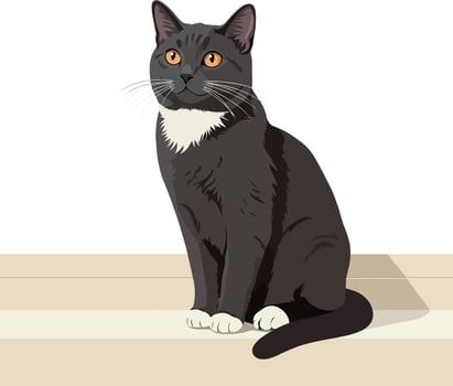 Black and white cat sitting on wooden floor with orange eyes illustration vector