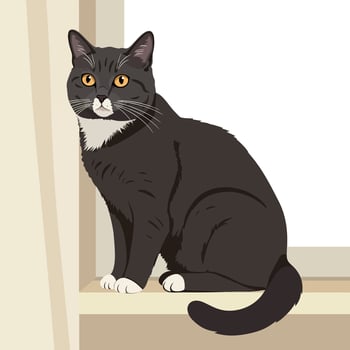Black and white cat with yellow eyes sitting on window ledge illustration vector