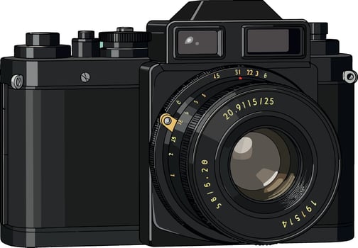 Vintage black camera illustration with detailed lens and controls image vector