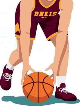 Basketball Player Dribbling Orange Ball in Maroon Sportswear Illustration vector
