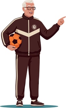 Elderly man in tracksuit holding soccer ball pointing finger illustration vector