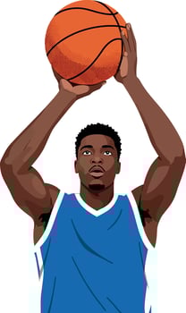 Basketball player shooting ball in blue jersey illustration portrait orientation vector