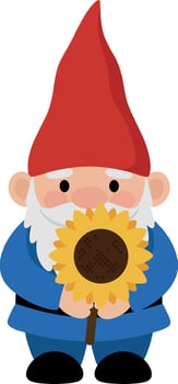 Garden gnome holding bright sunflower in blue outfit and red hat illustration vector