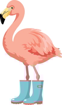 Flamingo standing in blue rain boots illustration with pink feathers and yellow beak vector