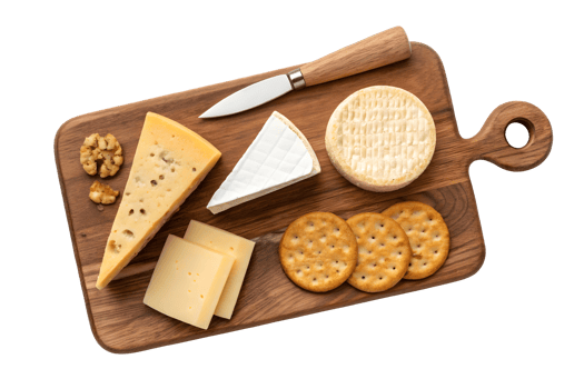 Cheese and cracker platter arranged on a wooden board with knife png