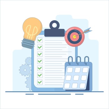 Abstract Concept of Project Management. Clipboard with Calendar and Idea Light Bulb. Project management, resource planning and budget. Flat Design Illustration on Background. vector