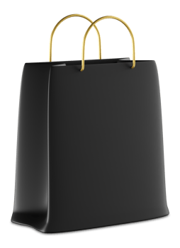 Elegant 3D rendered black shopping bag with gold handles isolated on transparent background. Stylish and minimalistic design, perfect for branding, fashion, e-commerce, and retail promotions. Gift bag png