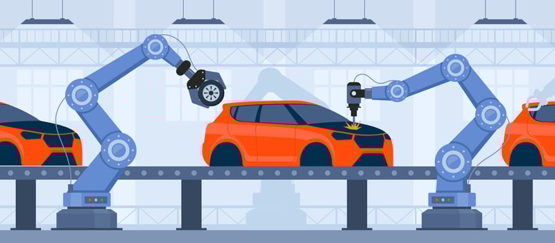 Process of automated car production. Wehicle parts on the machinery line with robotic hands. Assembly line at an automobile factory vector