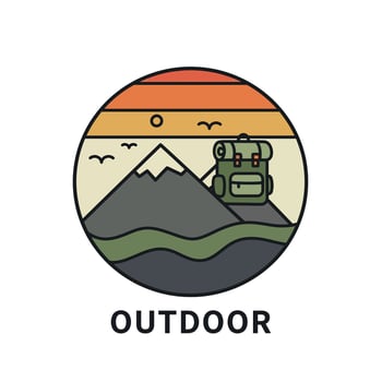 Outdoor adventure logo design with mountain, backpack, and sunset landscape elements vector