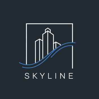 Skyline buildings logo design with blue wave element in modern style graphic vector