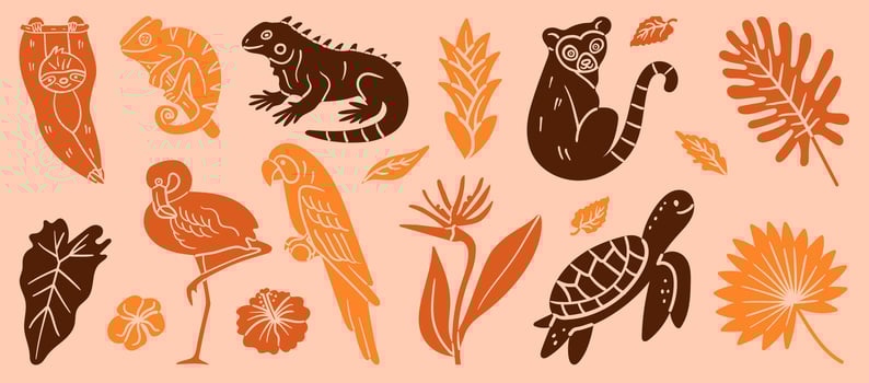 Silhouette set of exotic tropical animals and plants in warm earthy tones, including a sloth, parrot, chameleon, lemur, flamingo, turtle, iguana, and jungle flora. Ideal for summer projects. vector