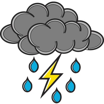 Cartoon weather illustration featuring storm clouds raindrops and lightning bolt vector