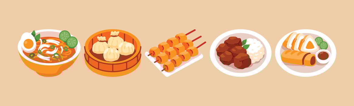 Illustration of assorted Asian dishes including noodle soup, dim sum, satay skewers, meatballs with rice, and spring rolls. Represents Asian culinary diversity. vector