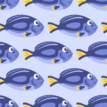 seamless pattern showcases a stunning blue surgeonfish swimming gracefully through the vibrant coral reef. Its striking blue body and yellow accents highlight the beauty of marine life in tropical vector