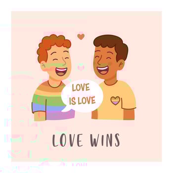 LGBT couple postcard with love wins slogan and rainbow heart shirt vector
