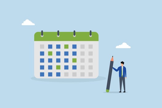 Calendar schedule, businessman hold pencil thinking with calendar schedule plan. vector