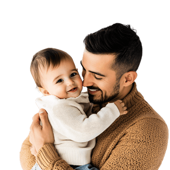 Happy Hispanic father holding his adorable baby son, smiling and hugging indoors on a transparent background Concept of family love, parenthood, and fatherhood png