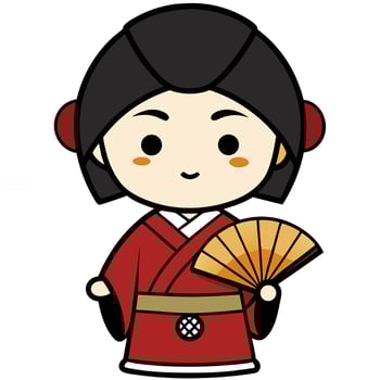 Cute cartoon geisha girl with fan in red kimono illustration vector