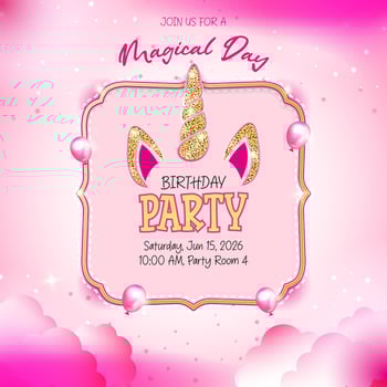 Pink and white birthday invitation featuring a unicorn theme vector