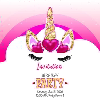 Pink and gold unicorn-themed birthday invitation vector