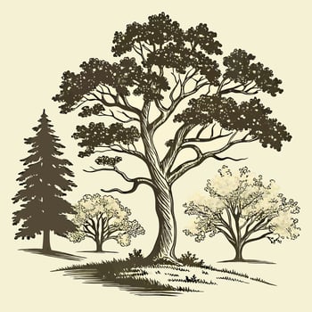 Hand Drawn Tree Illustration Majestic Oak, Flowering Trees. vector