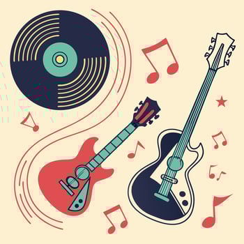 Retro Music Illustration Electric Guitars and Vinyl Record Vintage Design. vector