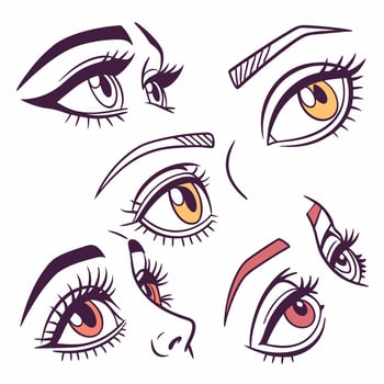Hand Drawn Expressive Eyes Orange and Yellow, Diverse Styles. vector