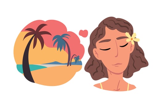Young Woman Dreaming about Summer Vacation, Human Thoughts and Needs Cartoon Style Illustration on White Background vector