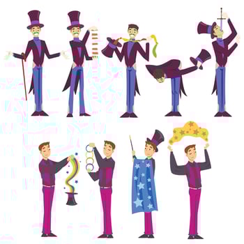 Magicians Doing Tricks Set, Male Illusionist Characters Performing at Magic Show Cartoon Style Illustration on White Background vector