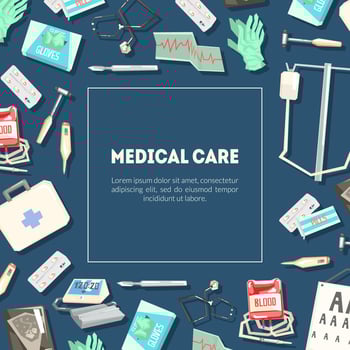 Medical Care Banner Template with Equipment, Healthcare Poster, Flyer, Card, Medical Examination and Treatment Illustration vector