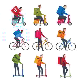 Delivery of Goods and Products Service, Male Couriers Riding Electric Kick Scooter, Motorcycle, Bicycle with Parcel Boxes Set, Fast Shipping Cartoon Illustration vector