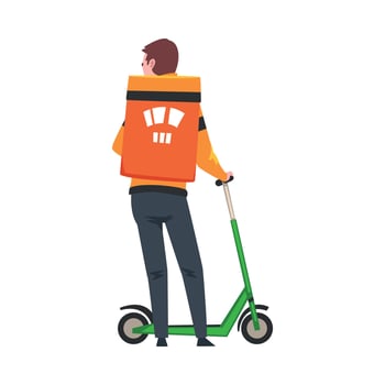 Male Courier with Electric Kick Scooter Carrying Orange Parcel Box on his Back, Delivery of Goods and Products, Fast Shipping Cartoon Illustration vector