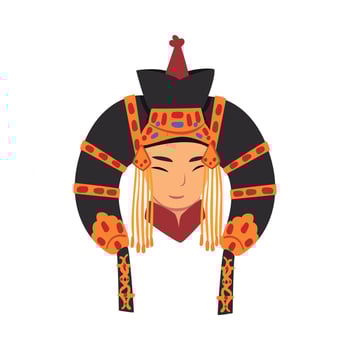Face of Beautiful Mongol Woman, Central Asian Character in Traditional Headgear Illustration vector