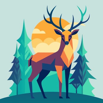 Geometric Deer in Forest Sunset vector