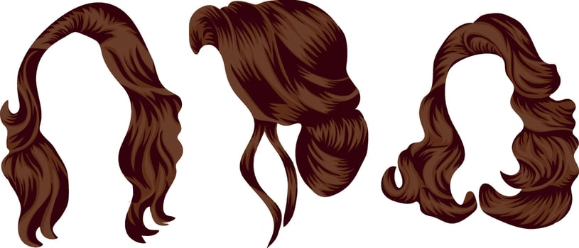set of brown hairstyle templates of different lengths and shapes, for female characters vector