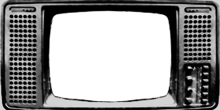 Vintage TV halftone collage frame template with with transparent display for copy space. Cut out from magazine old television clip art with vintage dotted texture. Modern retro illustration vector