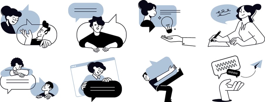 Chatting. Set of people illustrations in various activities of online communication, social media, networking, support, community, chatting, app and services, rating and review, conversation. vector