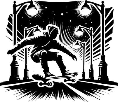 Skateboarder Doing A Board Slide On The Street, Black And White Skateboard Silhouette vector