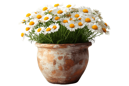 Chamomile flowers in a rustic terracotta pot spring flowers white petals yellow center flor png
