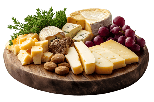 Cheese board with assorted cheeses grapes and crackers png