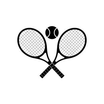 Two crossed tennis rackets are depicted with a tennis ball placed above them, all rendered in a black silhouette style cutouts png